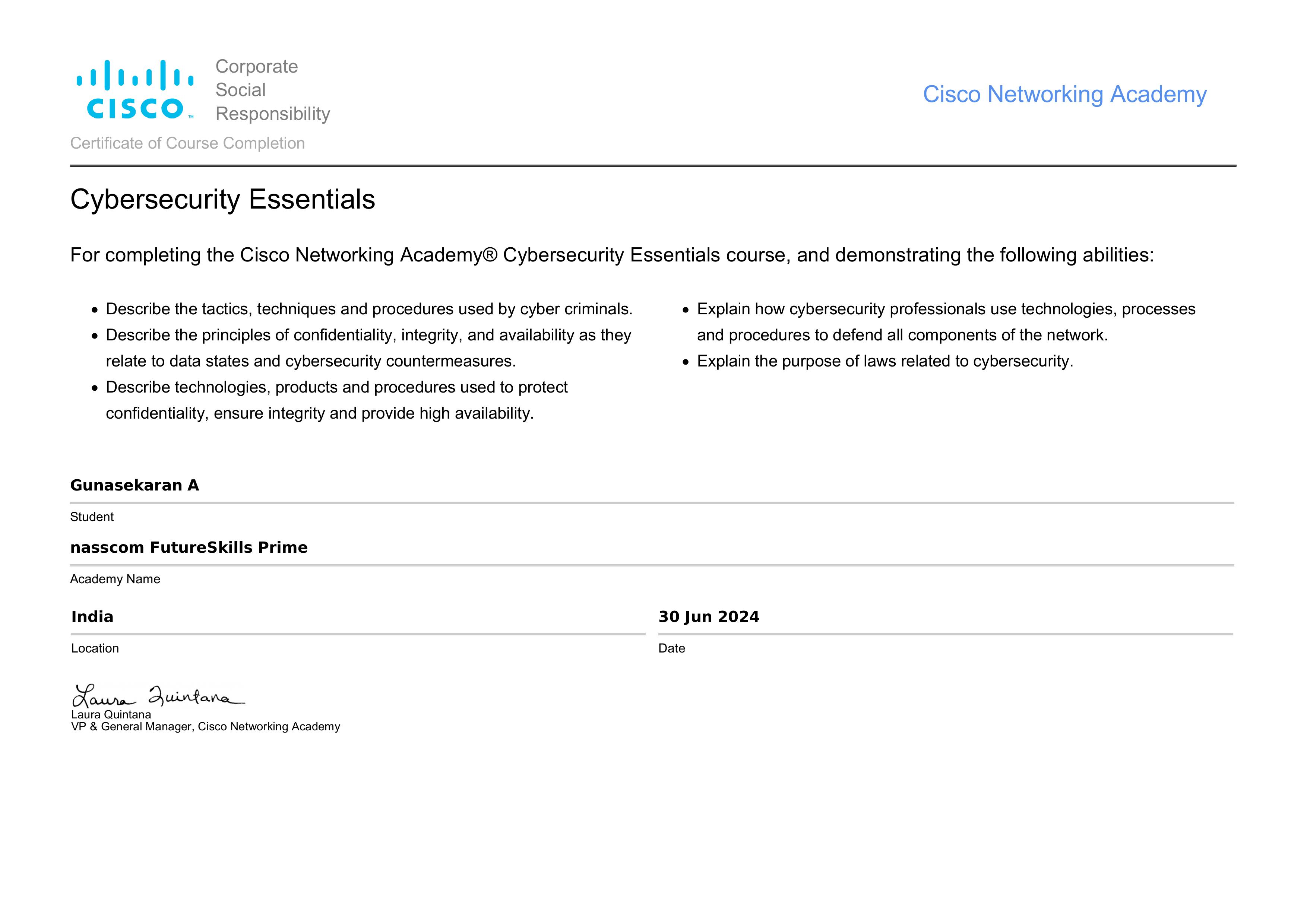 Cybersecurity Essentials certificate